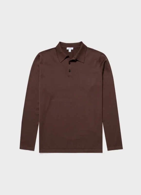 Men's Sea Island Cotton Long Sleeve Polo Shirt in Cocoa sold by Sunspel