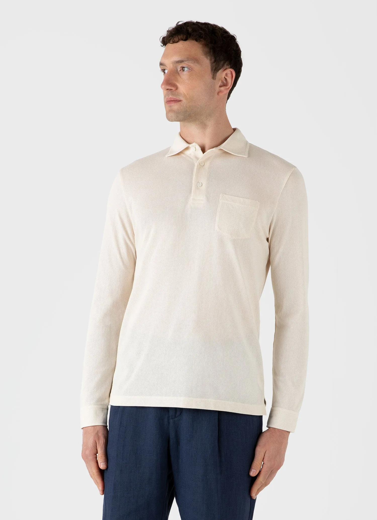 Men's WM Brown Long Sleeve Polo Shirt in Undyed sold by Sunspel product image thumbnail 2