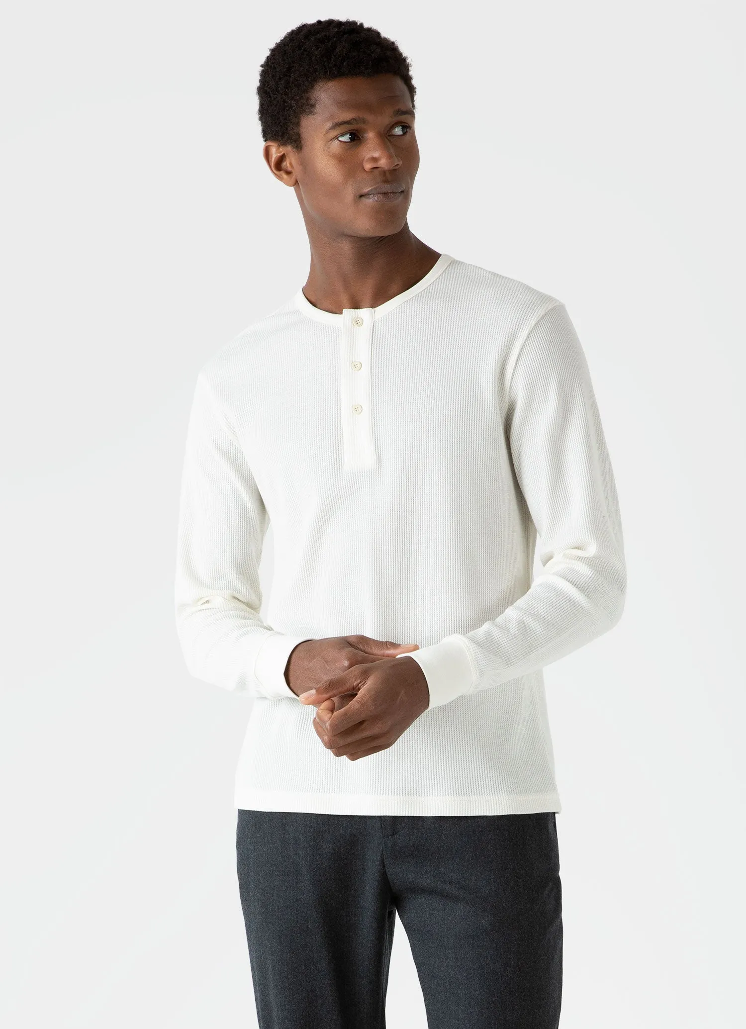 Men's Long Sleeve Waffle Henley in Ecru sold by Sunspel product image thumbnail 2