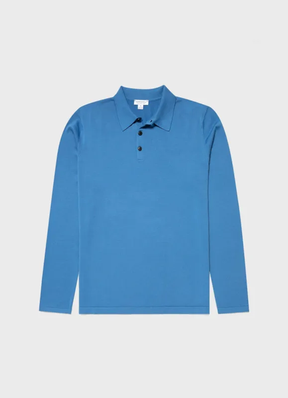 Men's Sea Island Cotton Long Sleeve Polo Shirt in Lake Blue sold by Sunspel