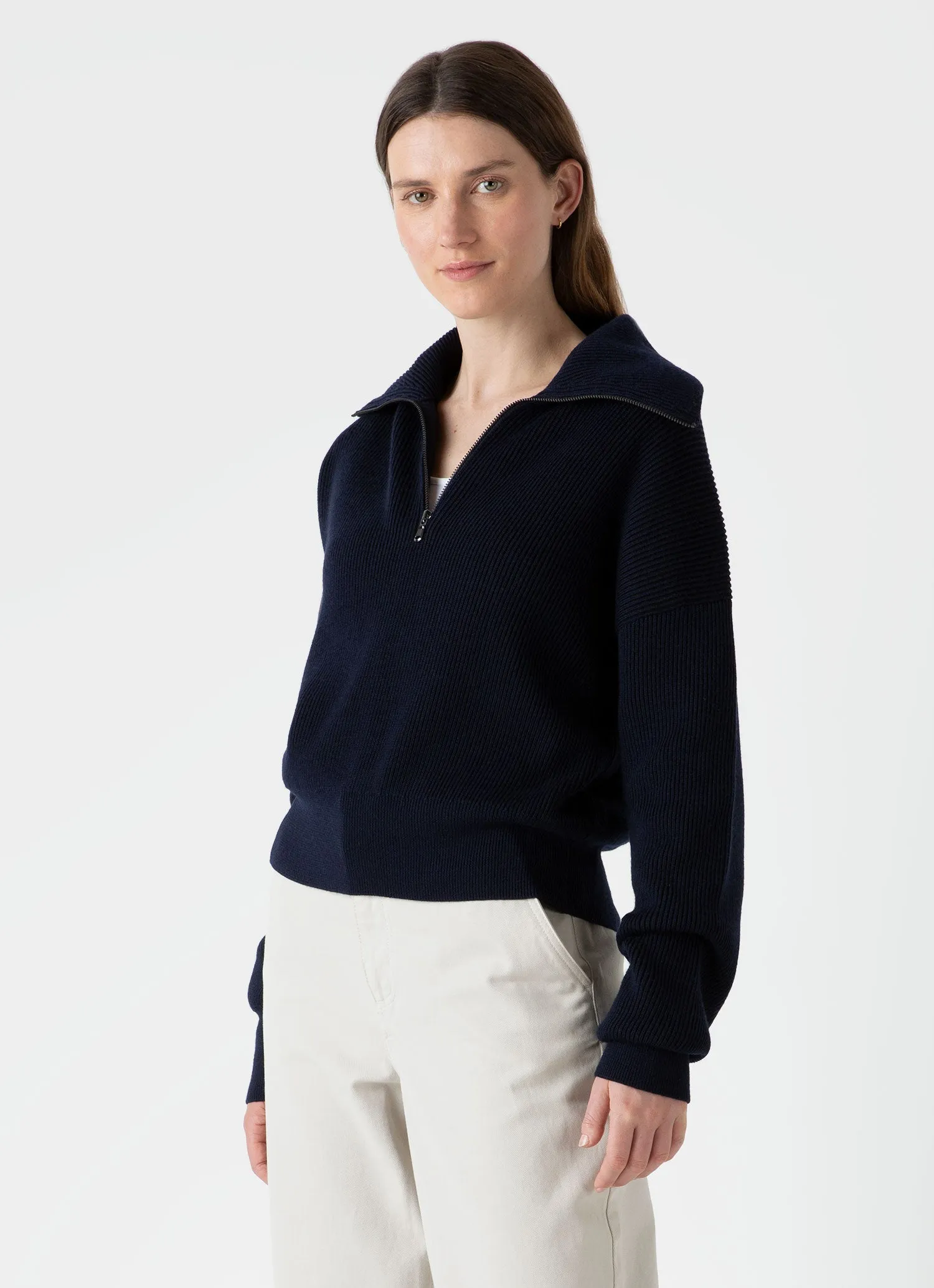 Women's Ribbed Half Zip Jumper in Navy sold by Sunspel