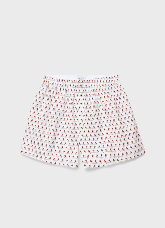 Men's Classic Print Boxer Shorts in White/Red/Brown Robins sold by Sunspel