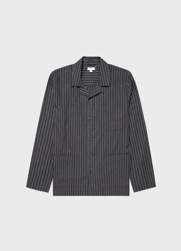 Men's Cotton Flannel Pyjama Shirt in Charcoal/Mid Grey Stripe sold by Sunspel