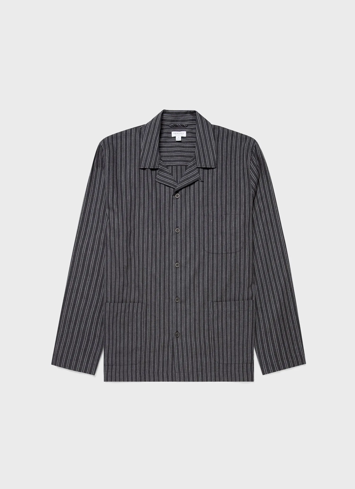 Men's Cotton Flannel Pyjama Shirt in Charcoal/Mid Grey Stripe sold by Sunspel