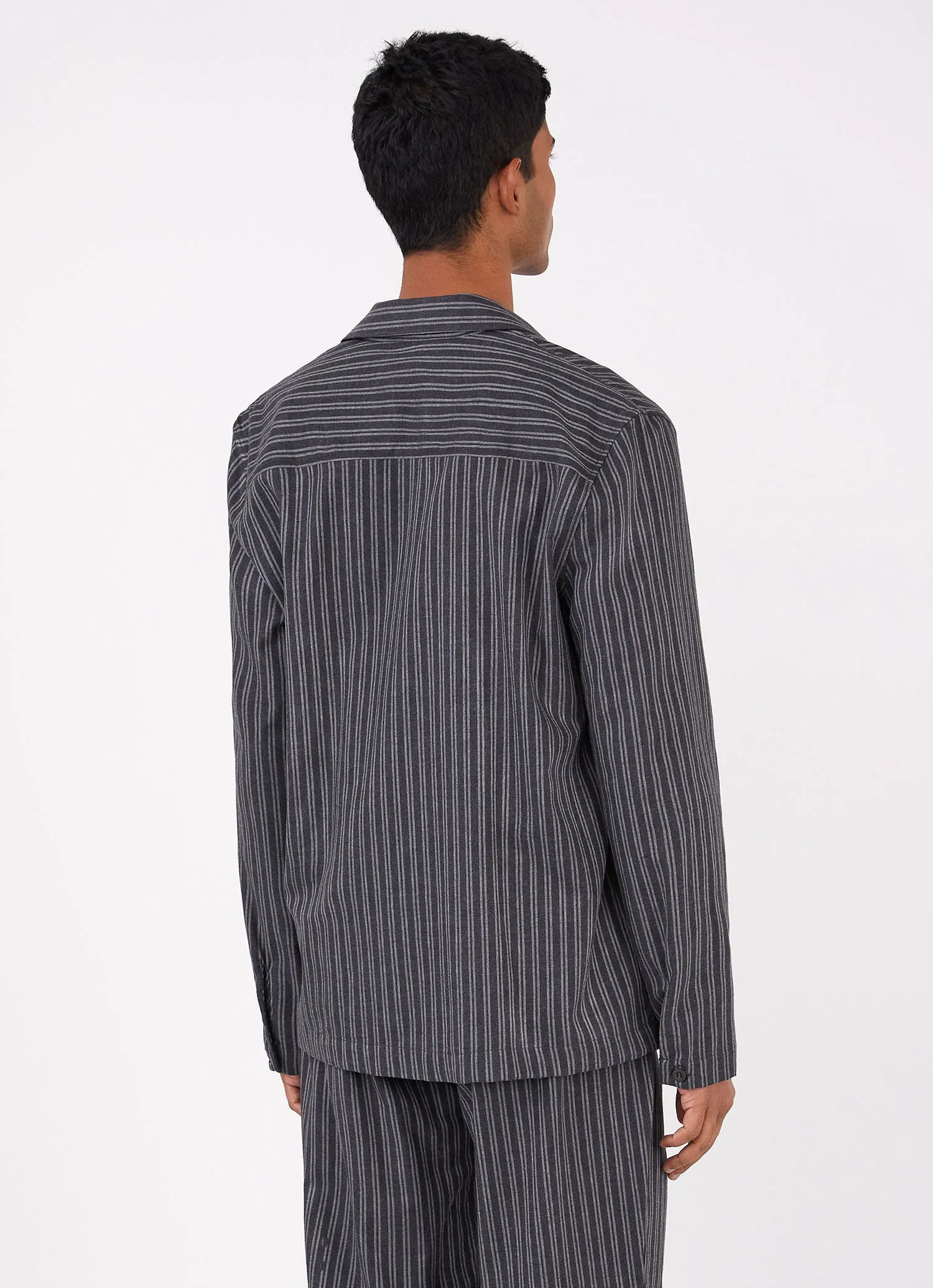 Men's Cotton Flannel Pyjama Shirt in Charcoal/Mid Grey Stripe sold by Sunspel product image thumbnail 4
