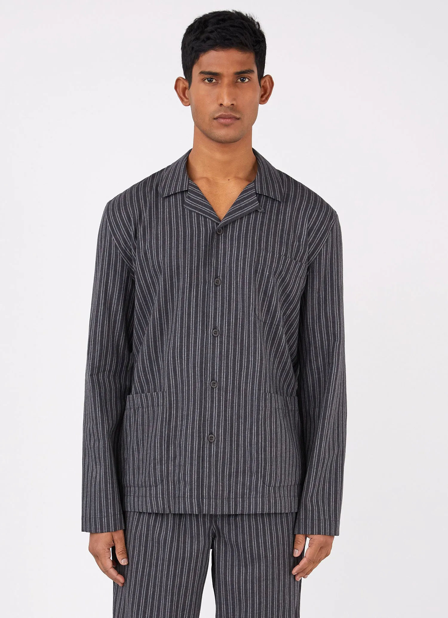 Men's Cotton Flannel Pyjama Shirt in Charcoal/Mid Grey Stripe sold by Sunspel product image thumbnail 2