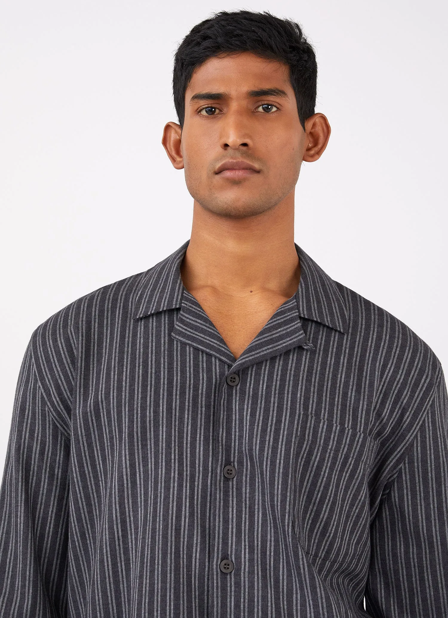 Men's Cotton Flannel Pyjama Shirt in Charcoal/Mid Grey Stripe sold by Sunspel product image thumbnail 5