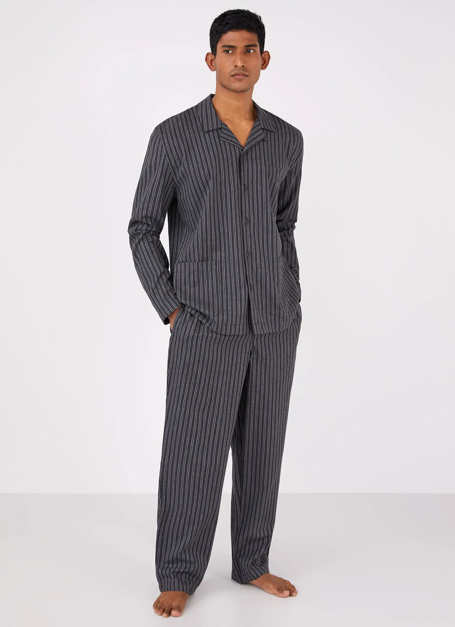 Men's Cotton Flannel Pyjama Shirt in Charcoal/Mid Grey Stripe sold by Sunspel product image thumbnail 3