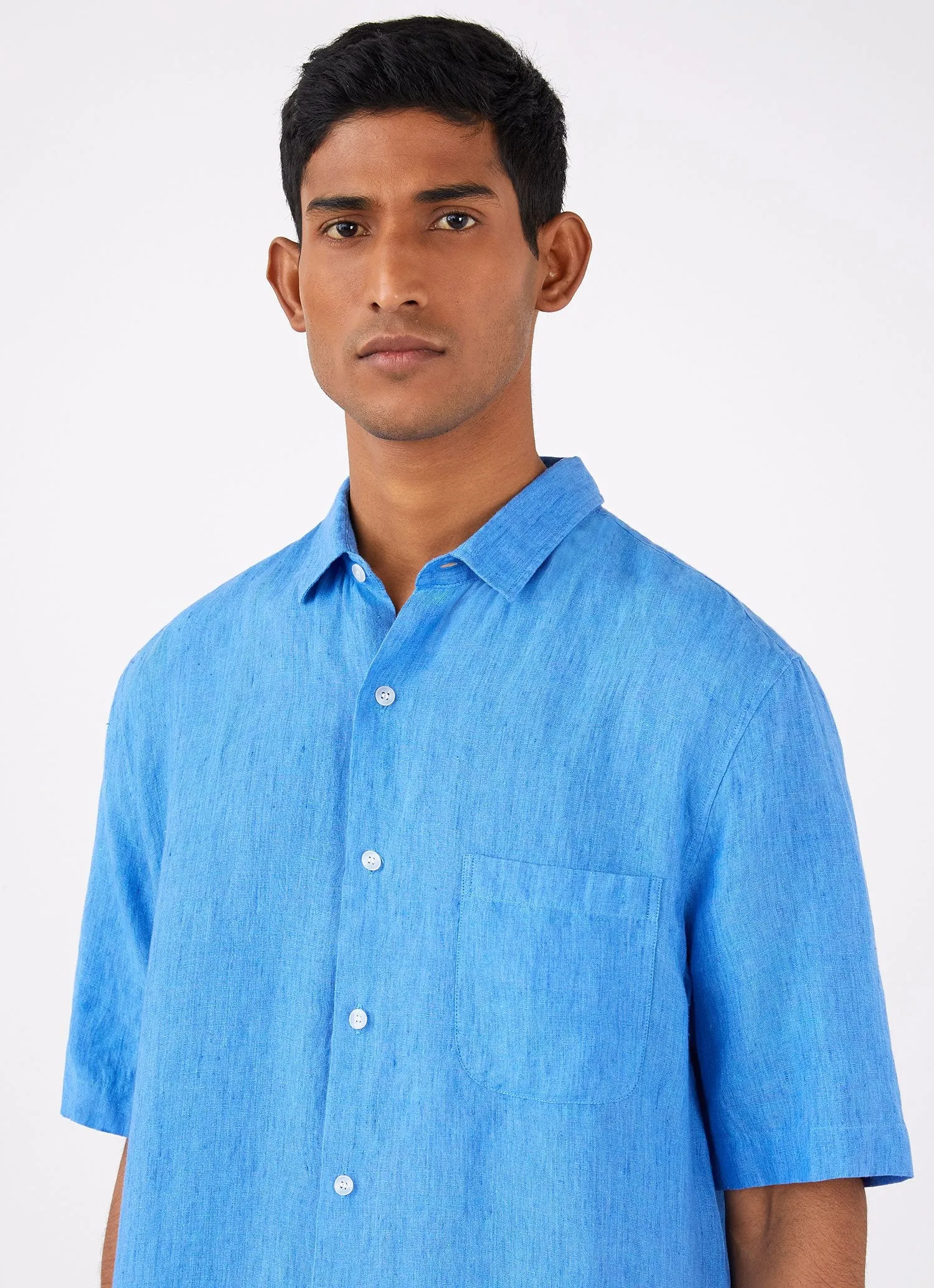 Men's Short Sleeve Linen Shirt in Lake Blue sold by Sunspel product image thumbnail 5
