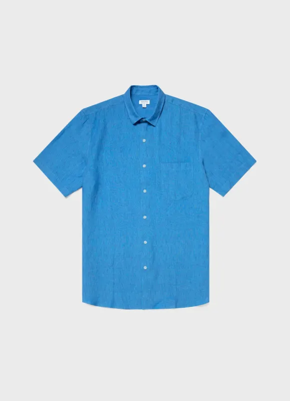 Men's Short Sleeve Linen Shirt in Lake Blue sold by Sunspel