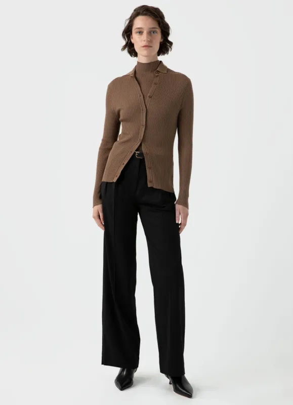 Women's Mulberry Silk Rib Cardigan in Dark Sand sold by Sunspel