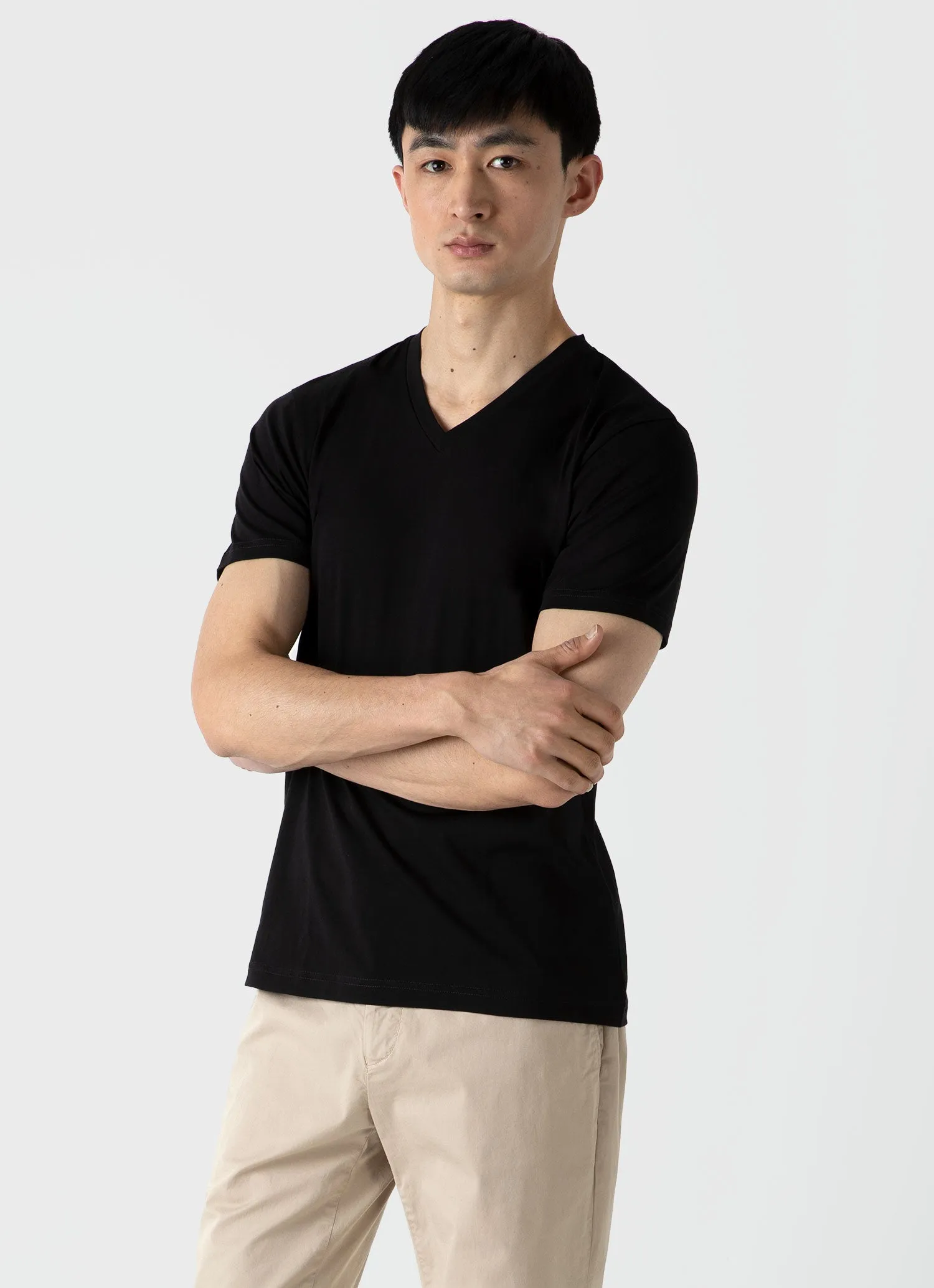 Men's Riviera V-neck T-shirt in Black sold by Sunspel product image thumbnail 2
