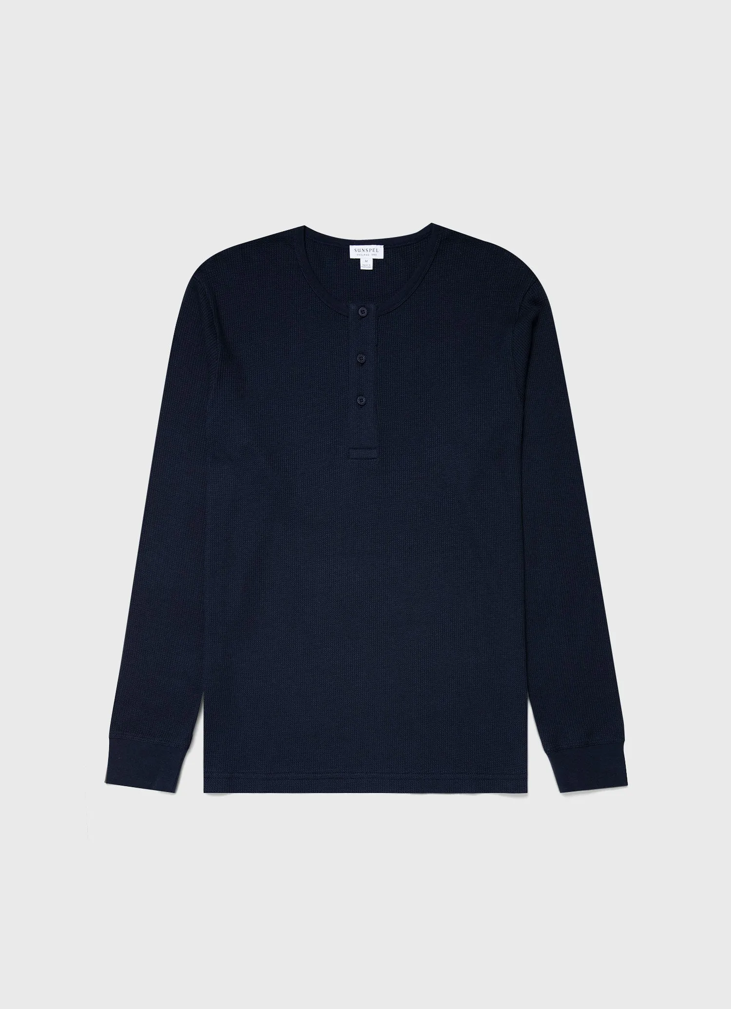 Men's Long Sleeve Waffle Henley in Navy sold by Sunspel