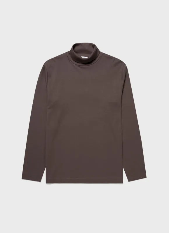 Men's Brushed Cotton Turtle Neck in Dark Walnut made by Sunspel