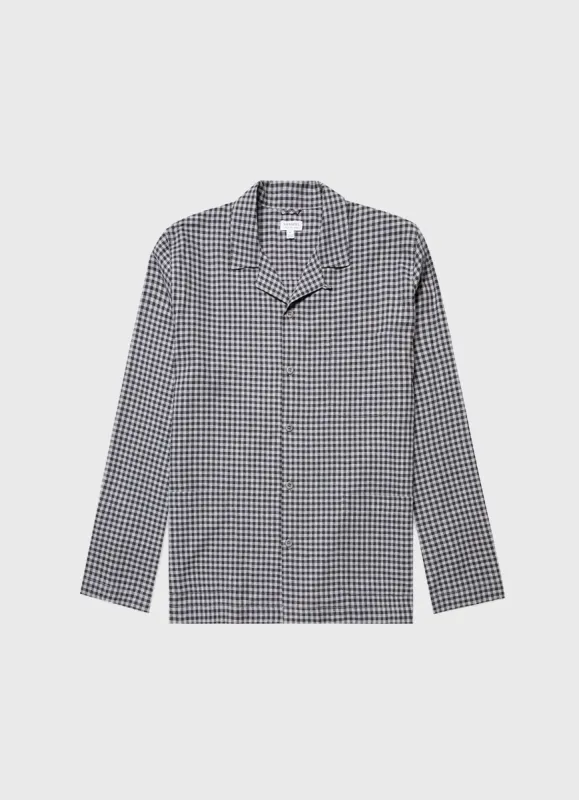 Men's Cotton Flannel Pyjama Shirt in Charcoal Grey Check made by Sunspel