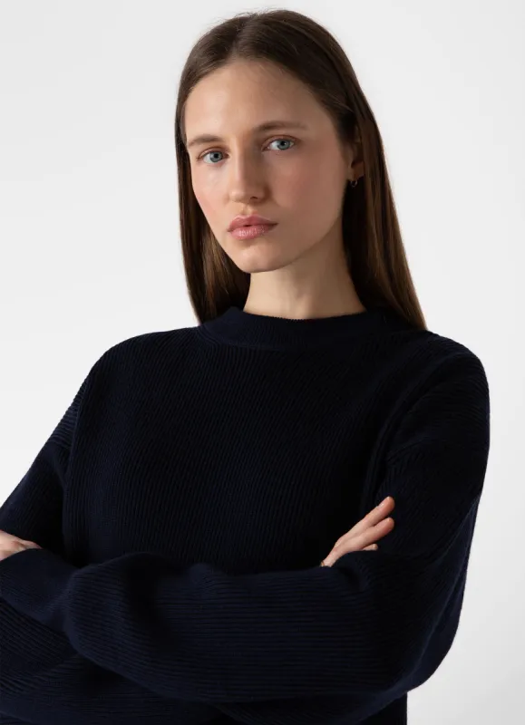 Women's Ribbed Crew Neck Jumper in Navy sold by Sunspel