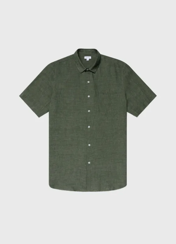 Men's Short Sleeve Linen Shirt in Hunter Green sold by Sunspel