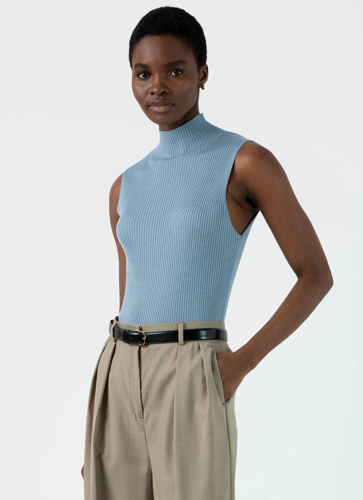Women's Mulberry Silk Rib Vest Jumper in Light Blue sold by Sunspel product image thumbnail 2