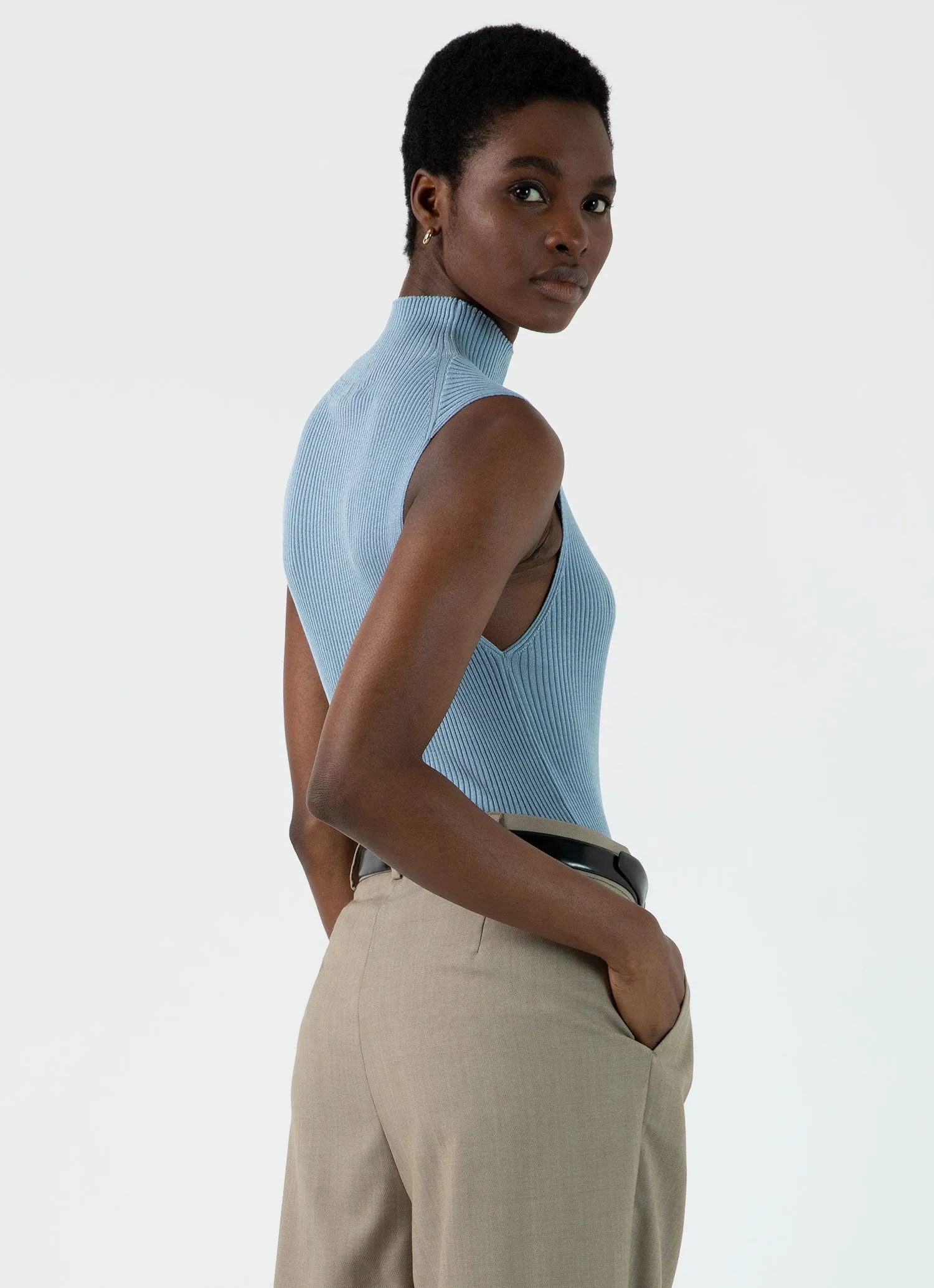 Women's Mulberry Silk Rib Vest Jumper in Light Blue sold by Sunspel product image thumbnail 4