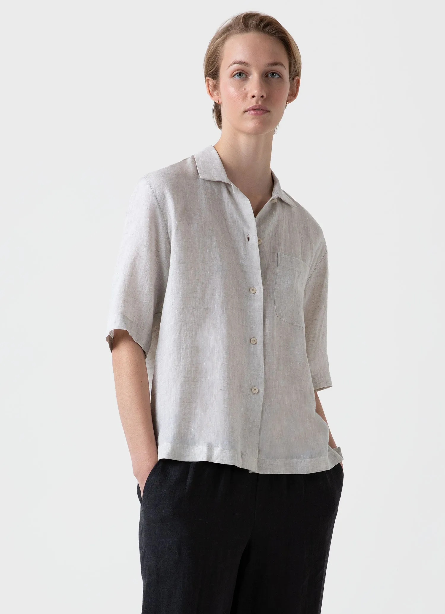 Women's Short Sleeve Linen Shirt in Oatmeal Melange sold by Sunspel product image thumbnail 2