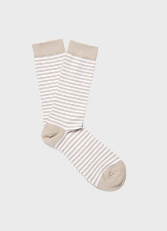 Men's Cotton Socks in White/Light Sand English Stripe sold by Sunspel