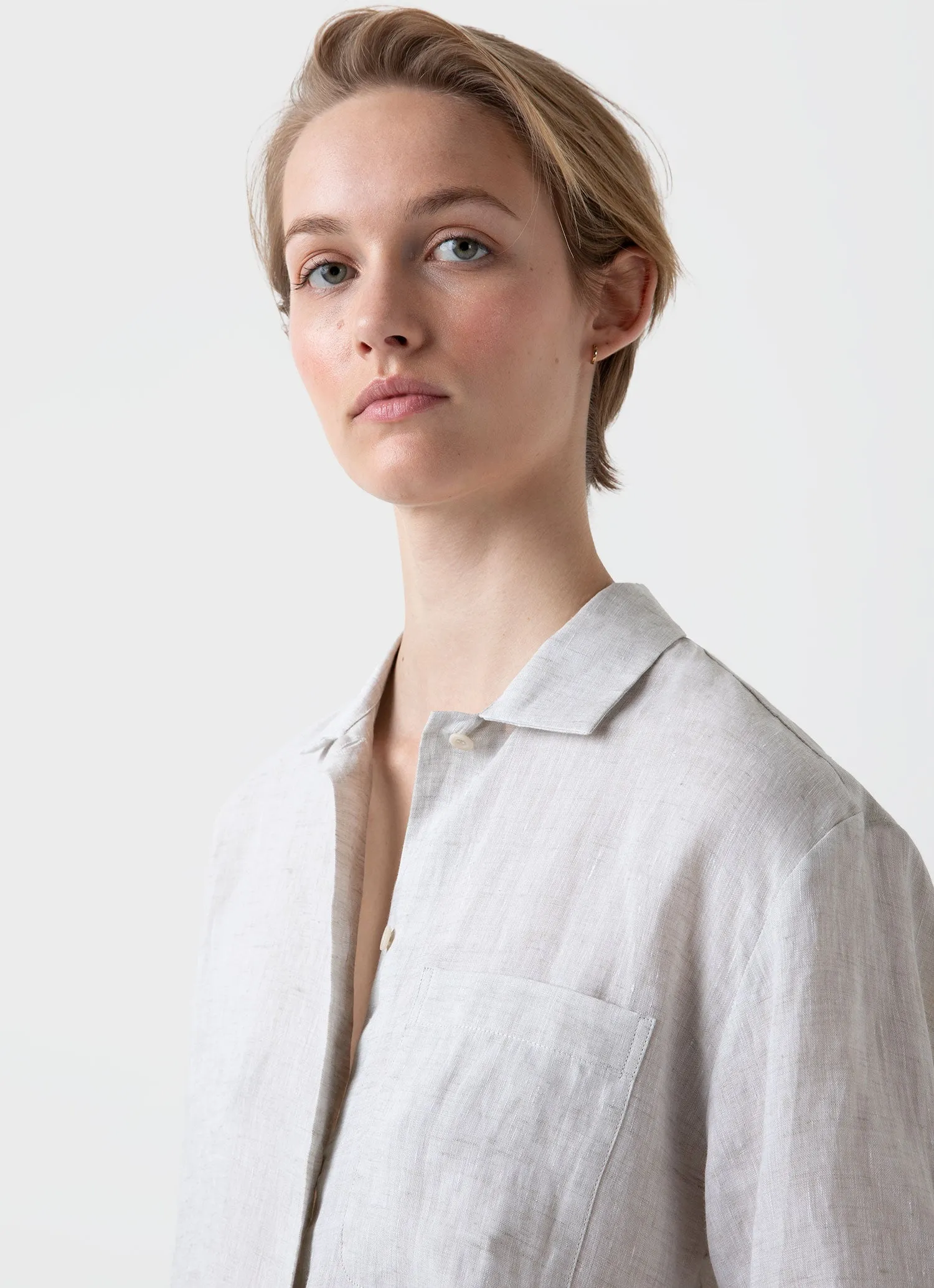 Women's Short Sleeve Linen Shirt in Oatmeal Melange sold by Sunspel product image thumbnail 3