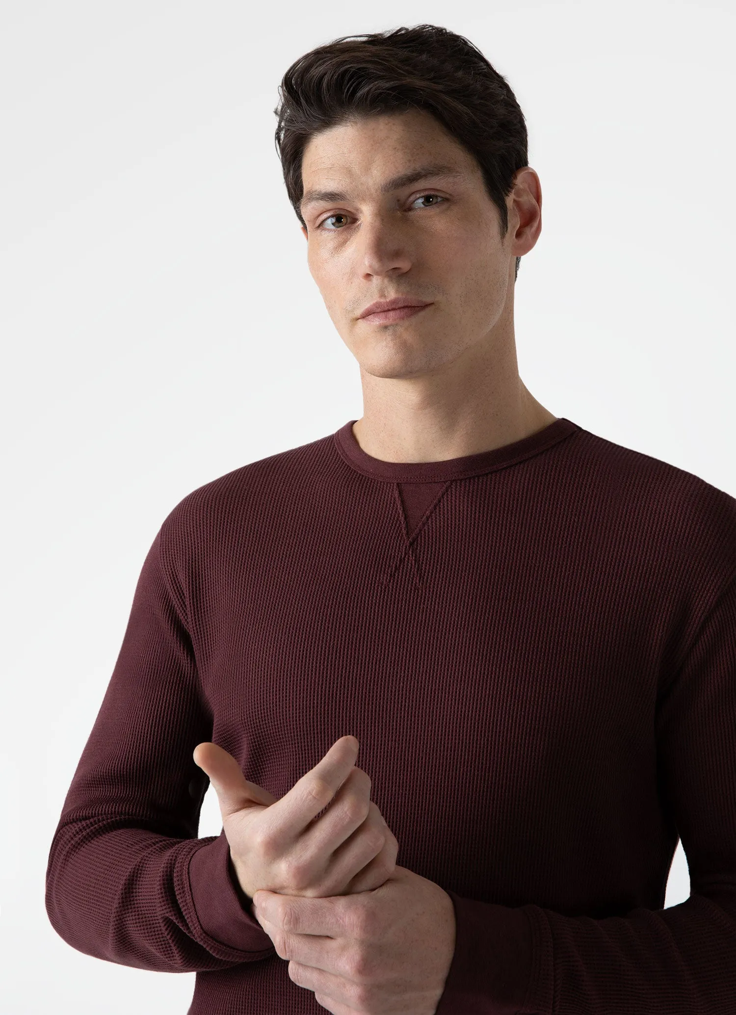 Men's Long Sleeve Waffle T-shirt in Maroon sold by Sunspel product image thumbnail 5