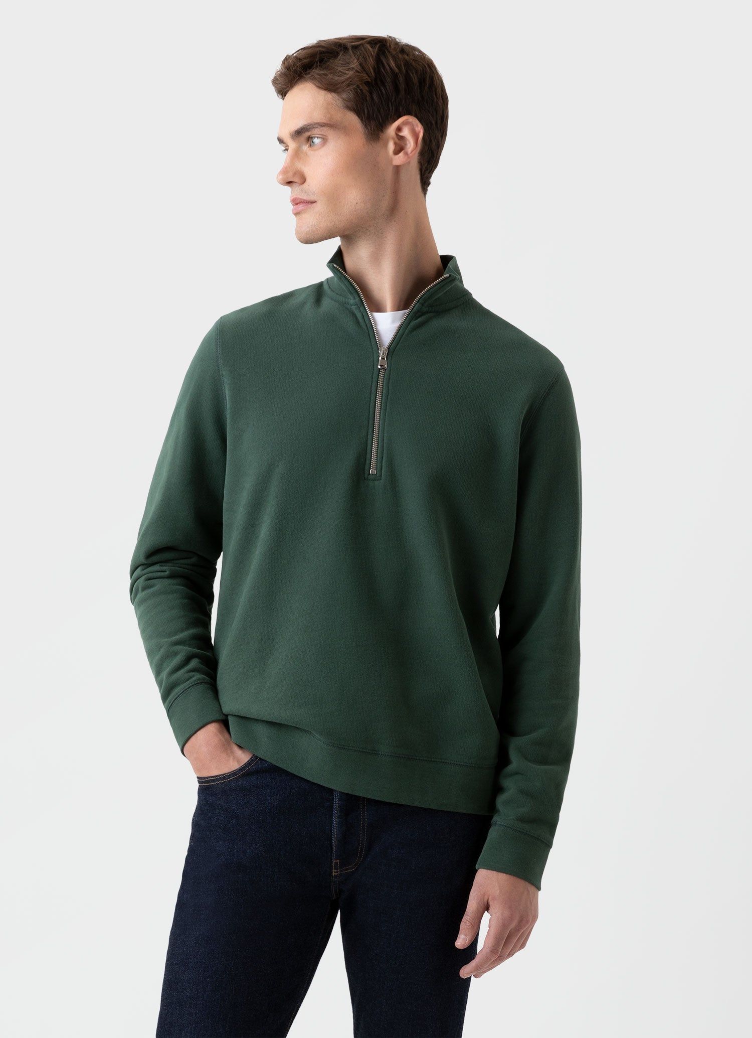 Men's Half Zip Loopback Sweatshirt in Dark Green sold by Sunspel product image thumbnail 2