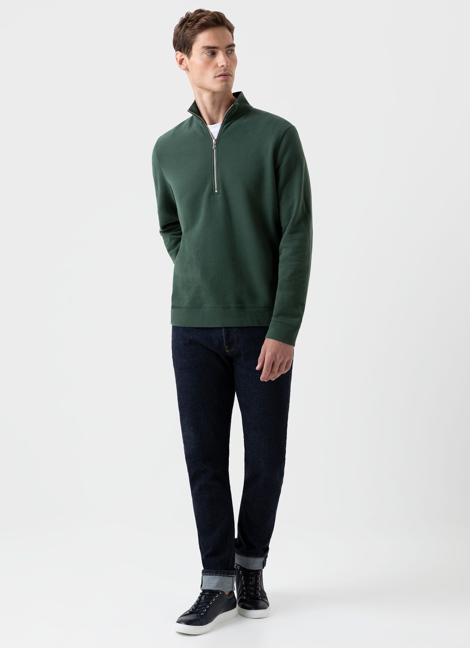 Men's Half Zip Loopback Sweatshirt in Dark Green sold by Sunspel product image thumbnail 3
