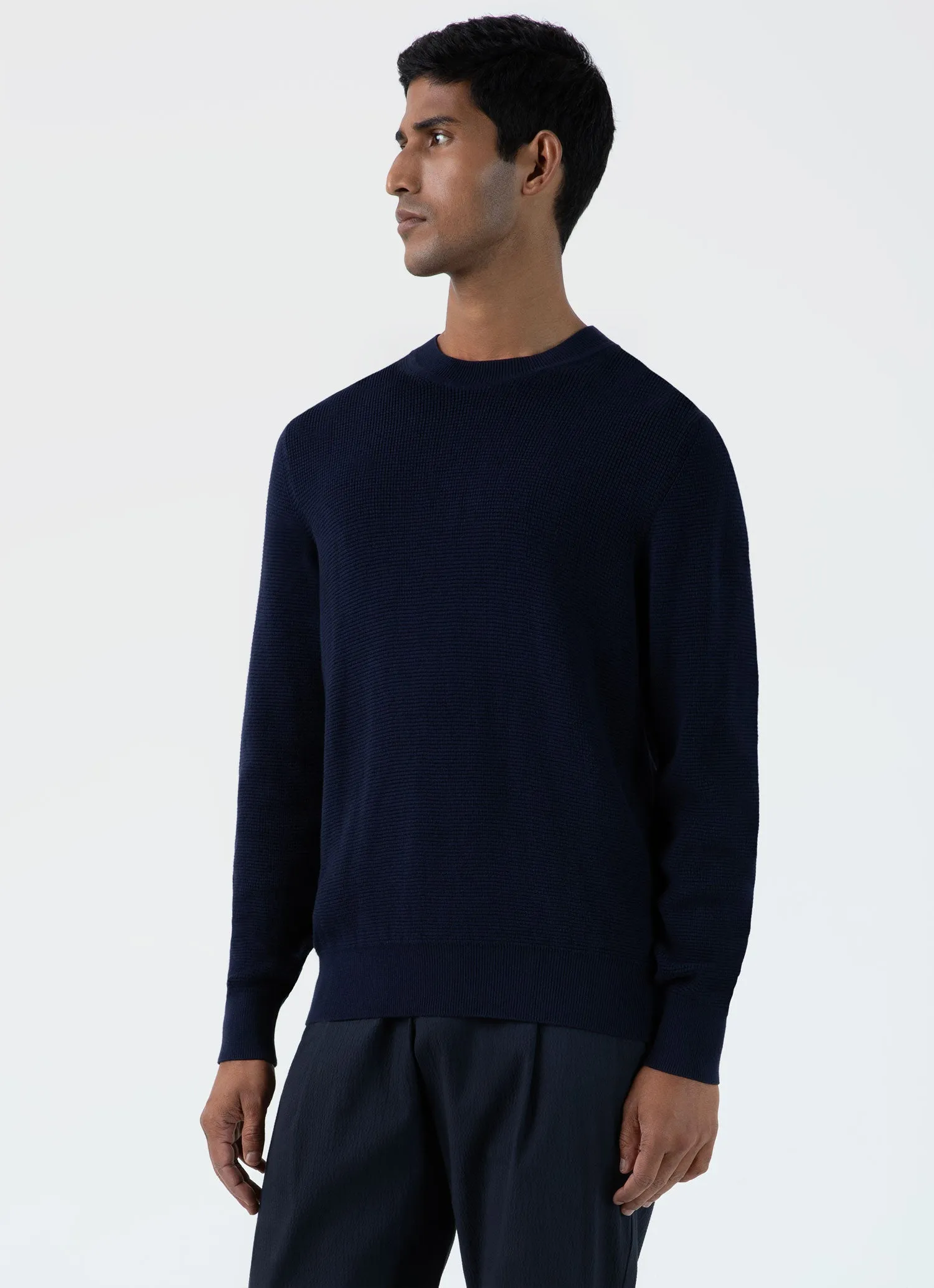 Men's Waffle Stitch Crew Neck Jumper in Navy sold by Sunspel product image thumbnail 2
