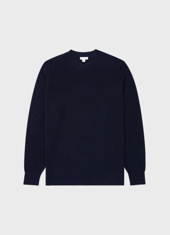 Men's Waffle Stitch Crew Neck Jumper in Navy sold by Sunspel