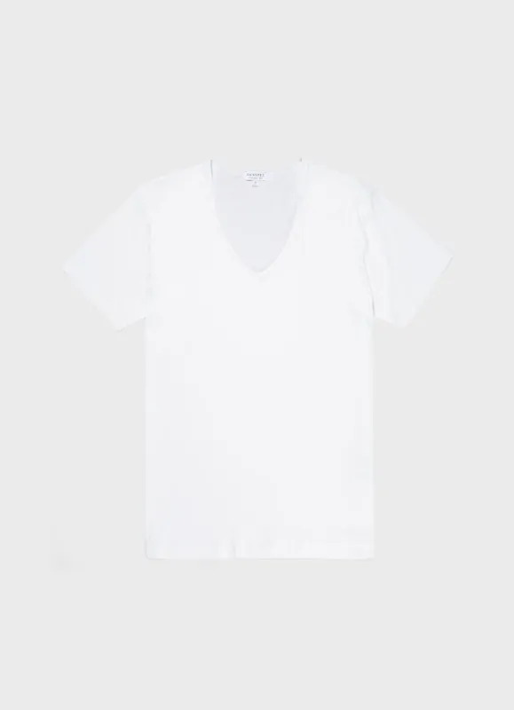 Men's Sea Island Cotton V-neck Underwear T-shirt in White sold by Sunspel