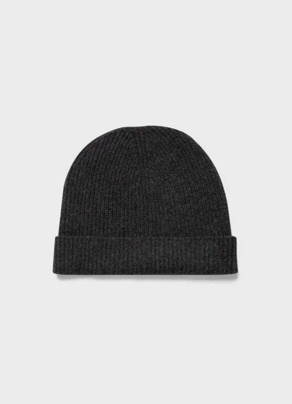 Cashmere Ribbed Hat in Charcoal Melange sold by Sunspel