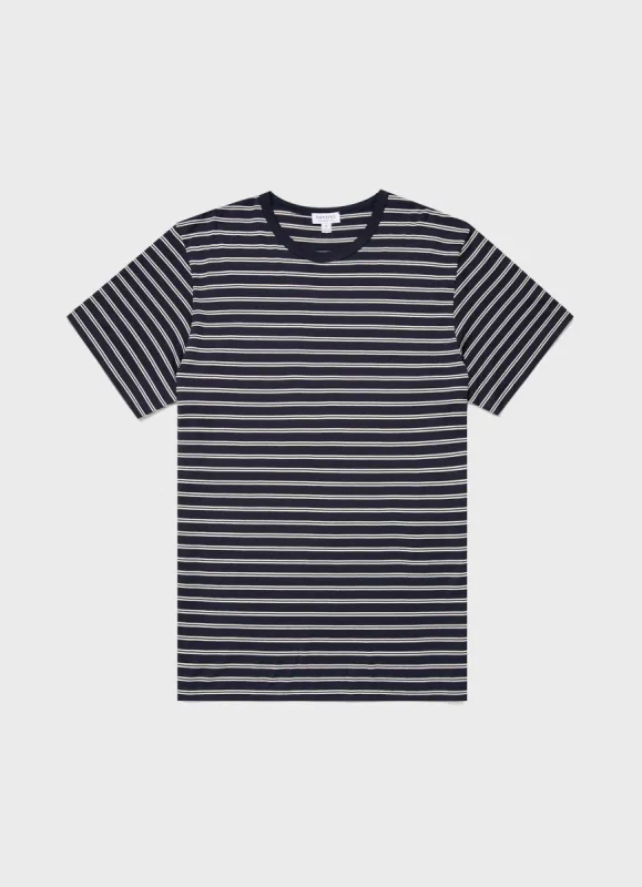 Men's Classic T-shirt in Navy/Ecru Tramline Stripe sold by Sunspel