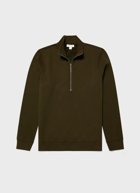 Men's Half Zip Loopback Sweatshirt in Dark Moss sold by Sunspel