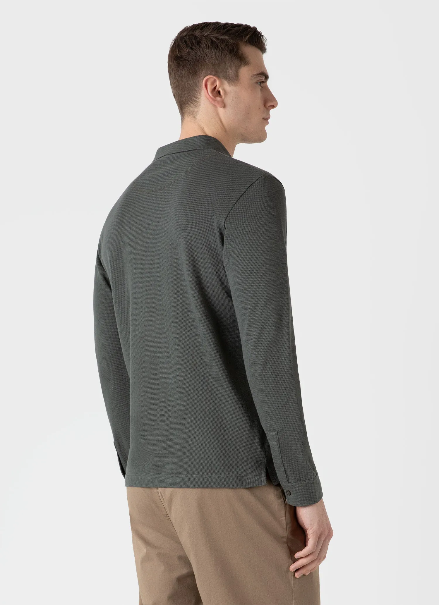 Men's Long Sleeve Riviera Polo Shirt in Drill Green sold by Sunspel product image thumbnail 5