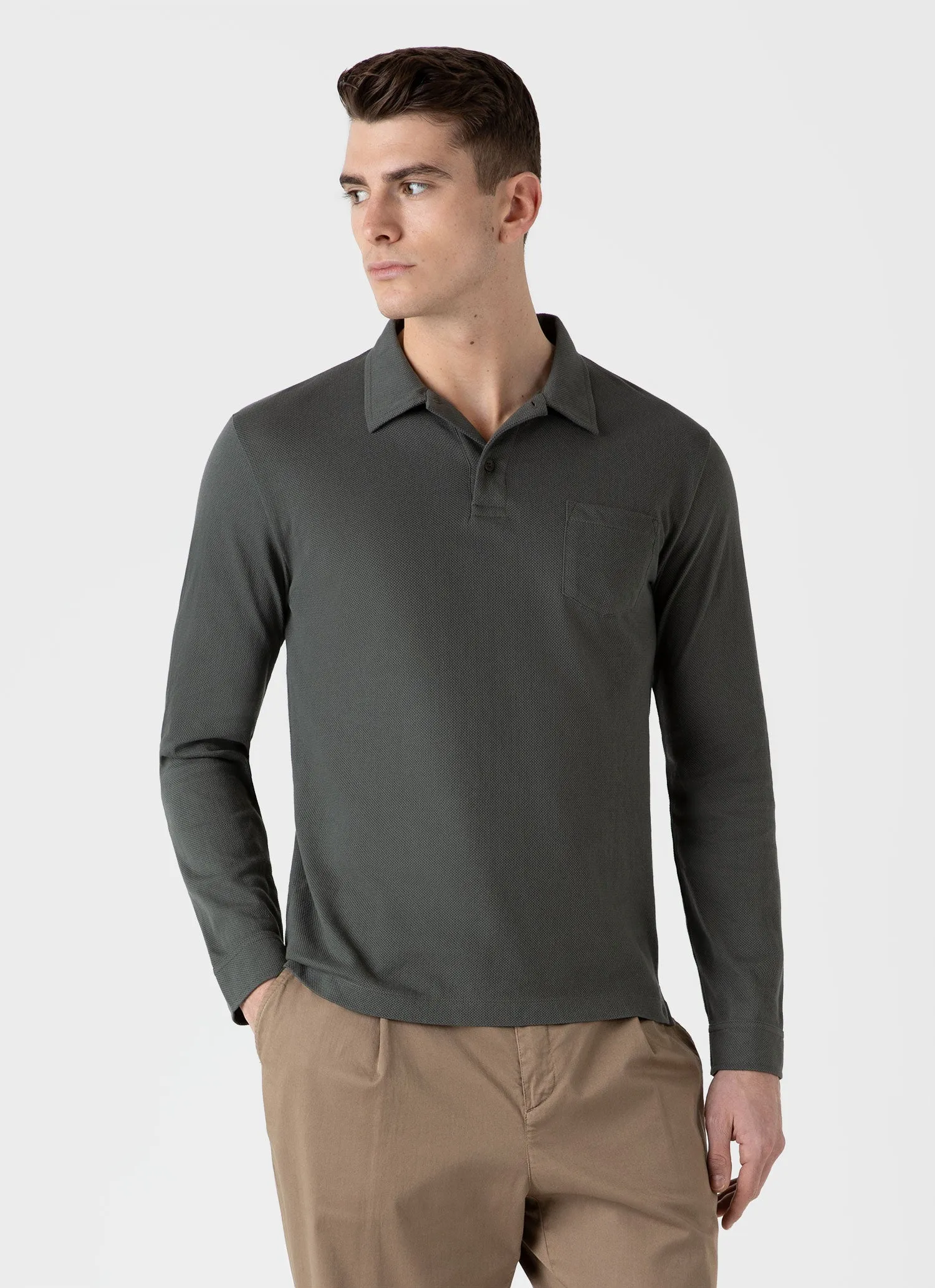 Men's Long Sleeve Riviera Polo Shirt in Drill Green sold by Sunspel product image thumbnail 2