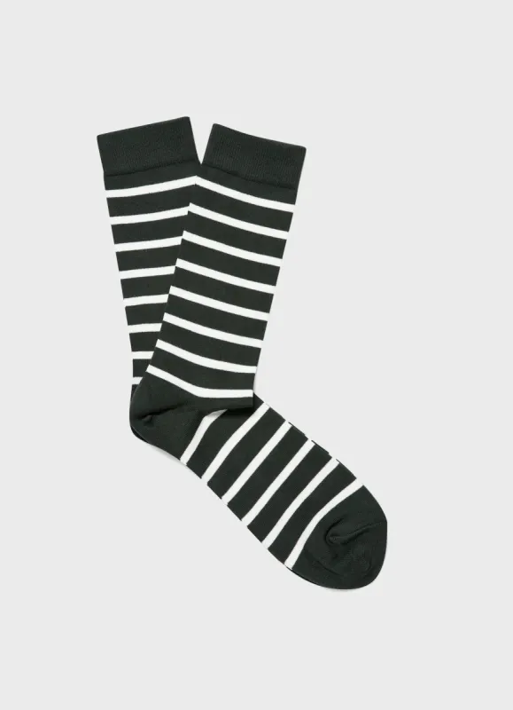 Men's Cotton Socks in Seaweed/Ecru Breton Stripe sold by Sunspel