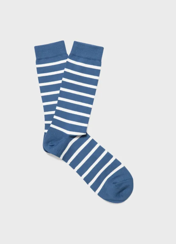 Men's Cotton Socks in Bluestone/Ecru Breton Stripe sold by Sunspel