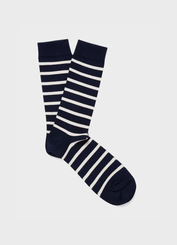 Men's Cotton Socks in Navy/Archive White Breton Stripe sold by Sunspel