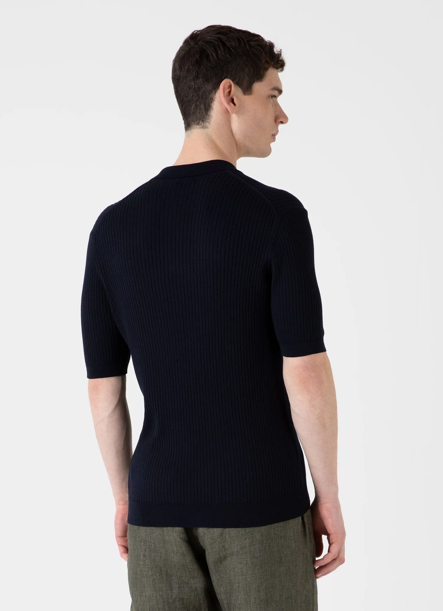 Men's Fine Rib Silk Cotton Polo Shirt in Navy sold by Sunspel product image thumbnail 5