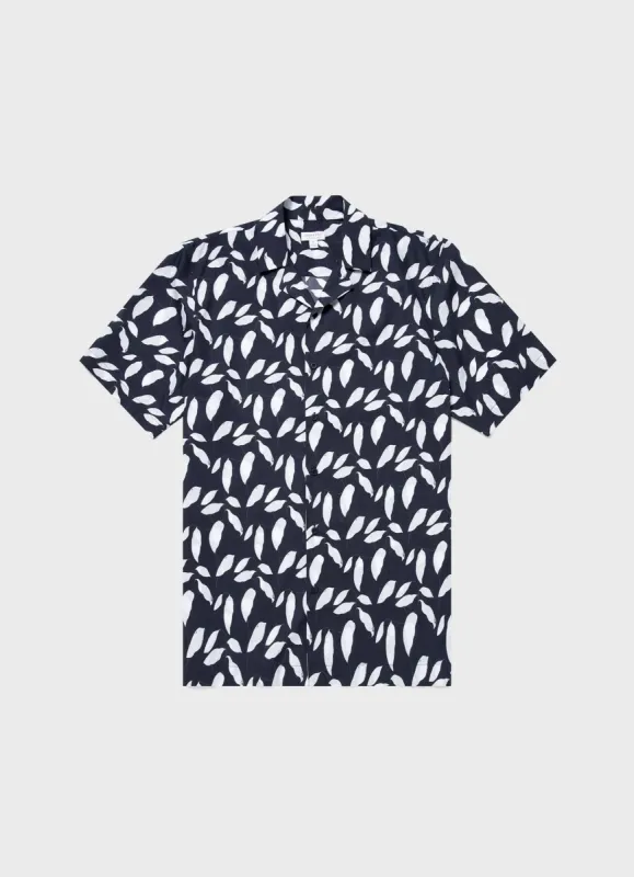 Men's Sunspel and Rosie McGuinness Camp Collar Shirt in Navy/Ecru Leaf made by Sunspel