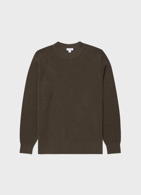 Men's Waffle Stitch Crew Neck Jumper in Khaki sold by Sunspel