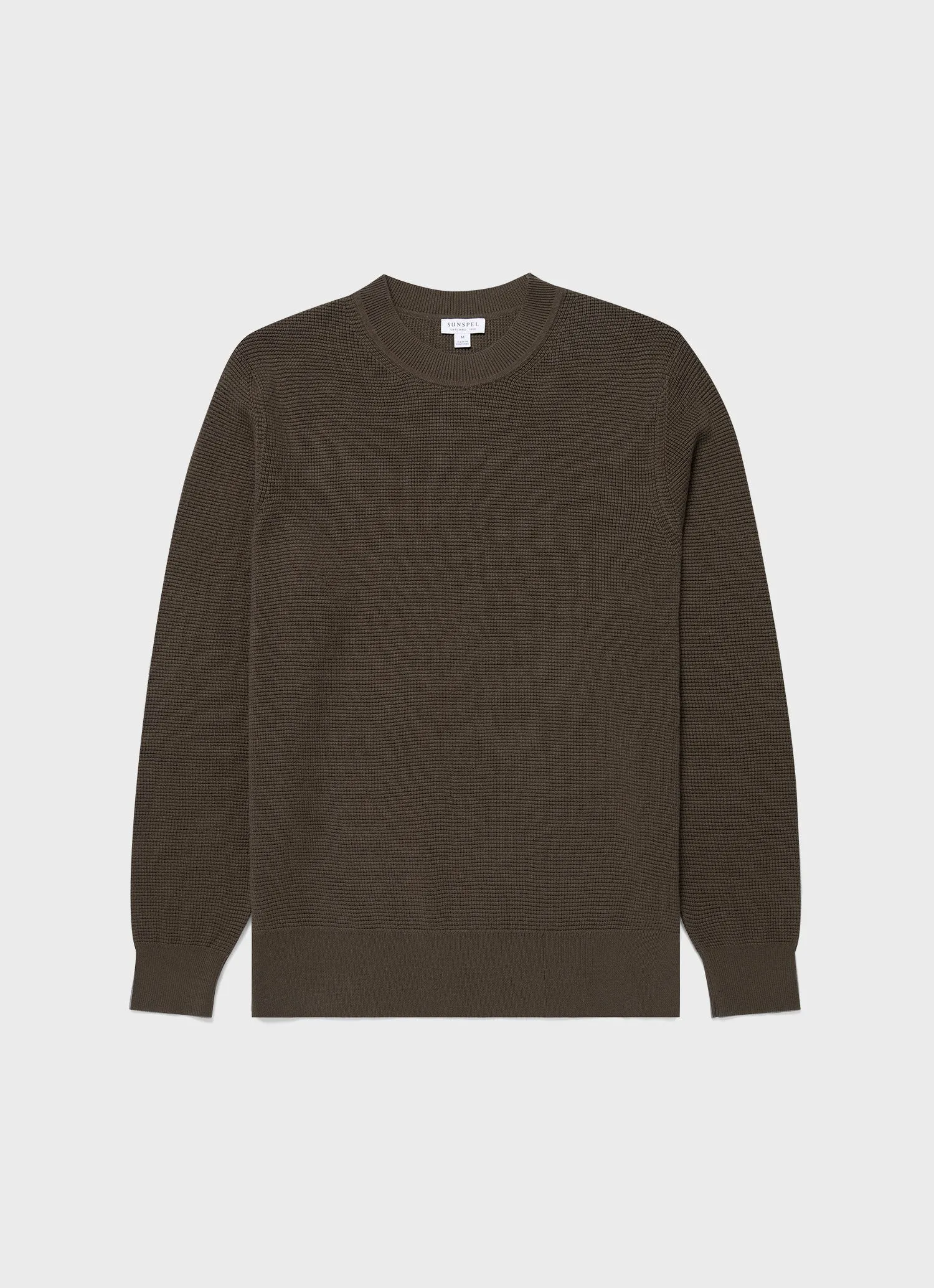 Men's Waffle Stitch Crew Neck Jumper in Khaki sold by Sunspel