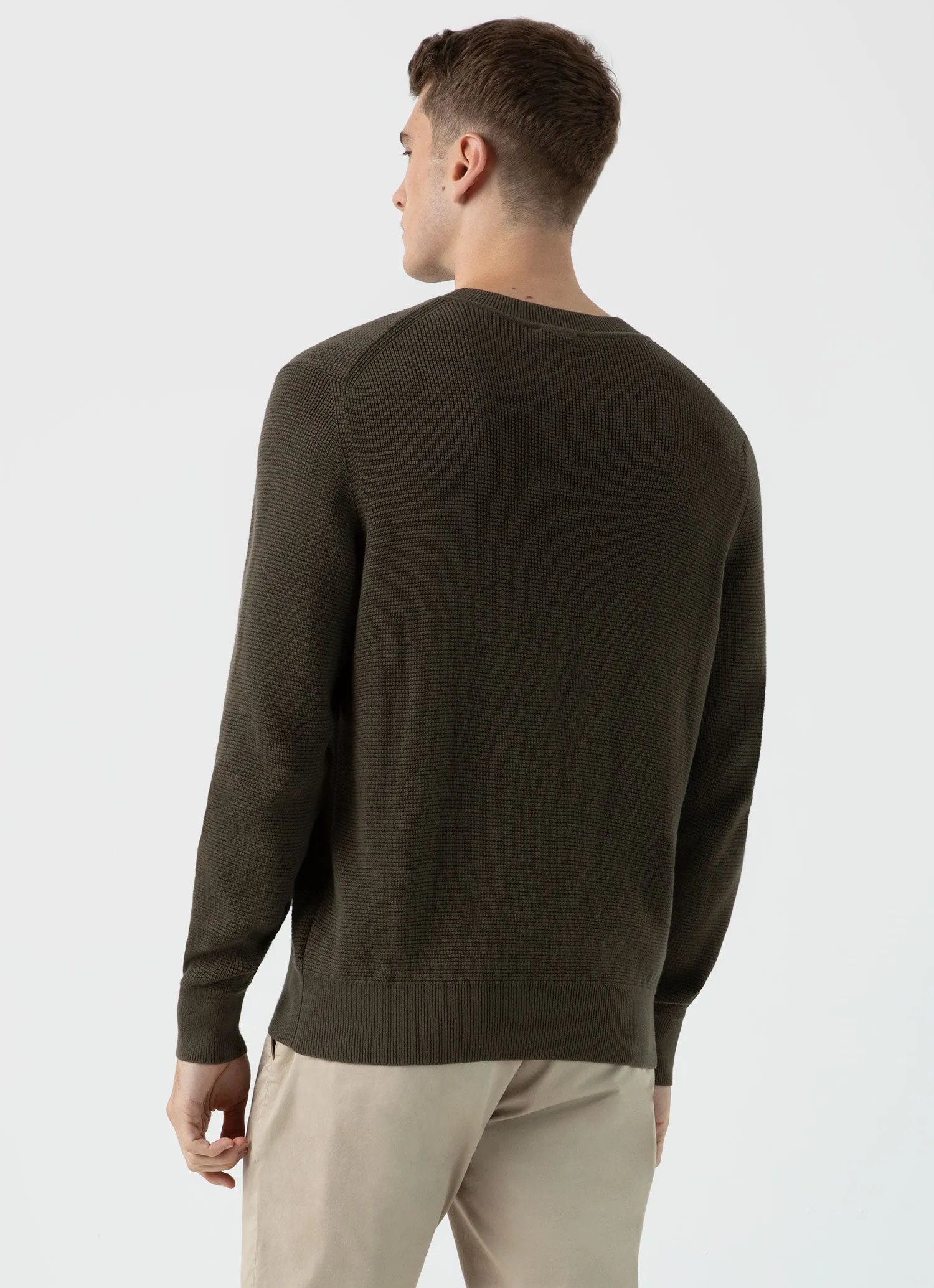 Men's Waffle Stitch Crew Neck Jumper in Khaki sold by Sunspel product image thumbnail 5