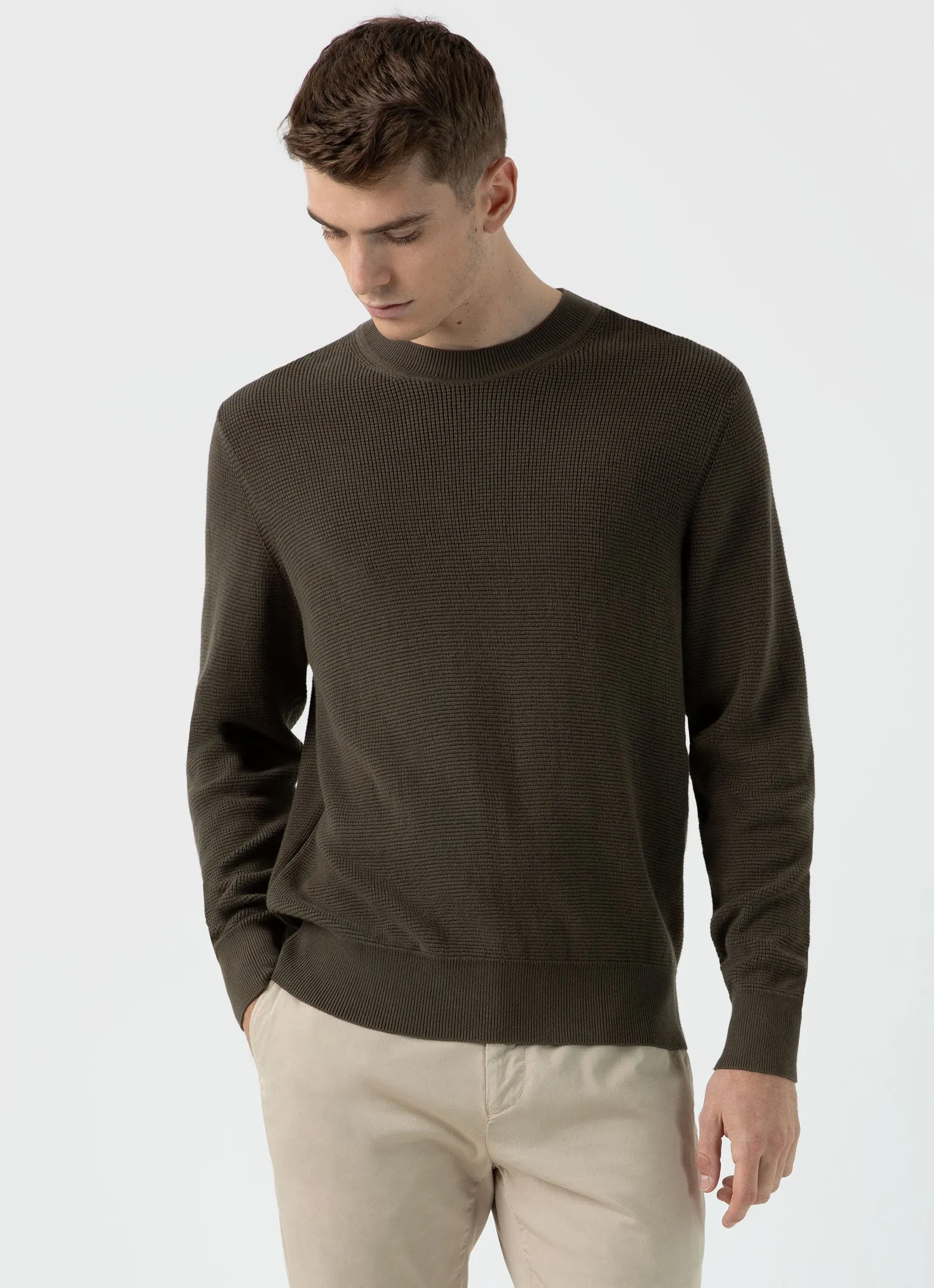 Men's Waffle Stitch Crew Neck Jumper in Khaki sold by Sunspel product image thumbnail 2