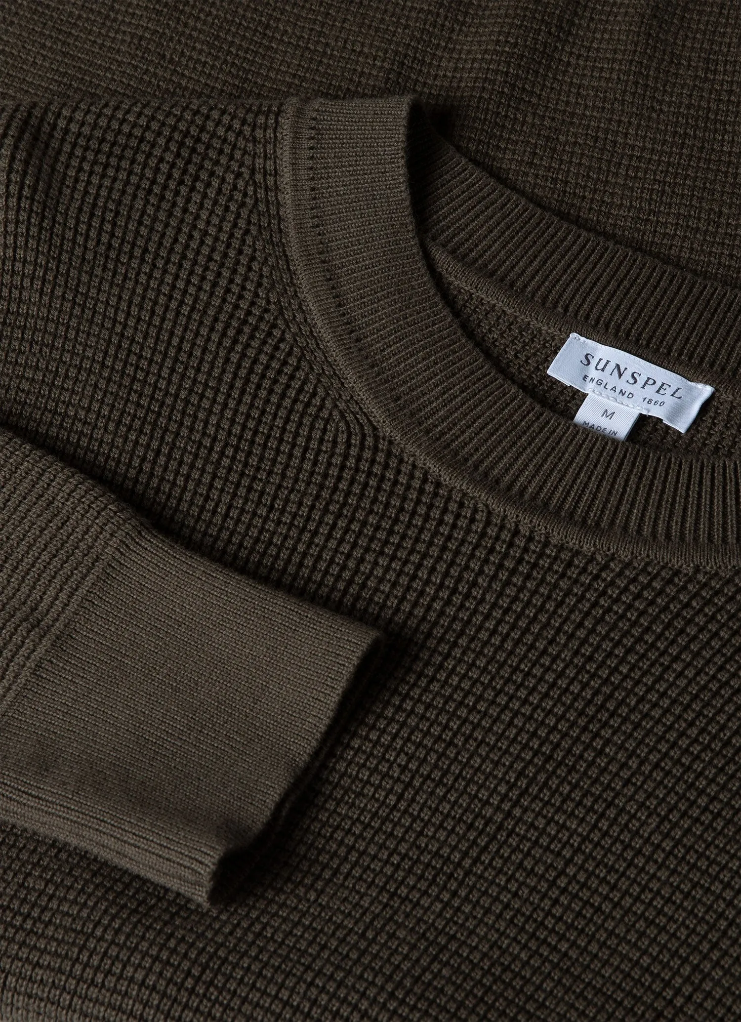 Men's Waffle Stitch Crew Neck Jumper in Khaki sold by Sunspel product image thumbnail 4