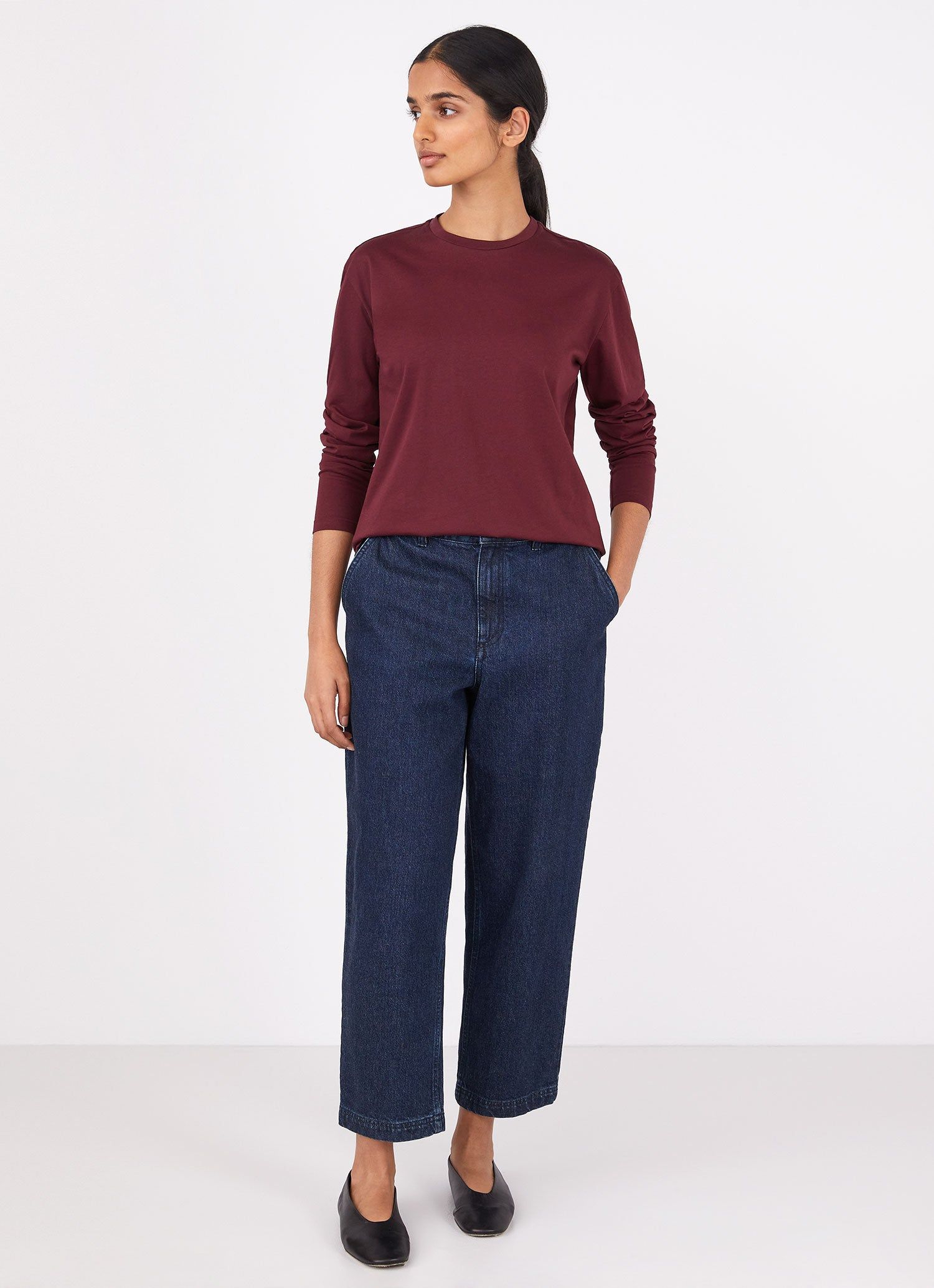 Women's Long Sleeve Boy Fit T-shirt in Port sold by Sunspel