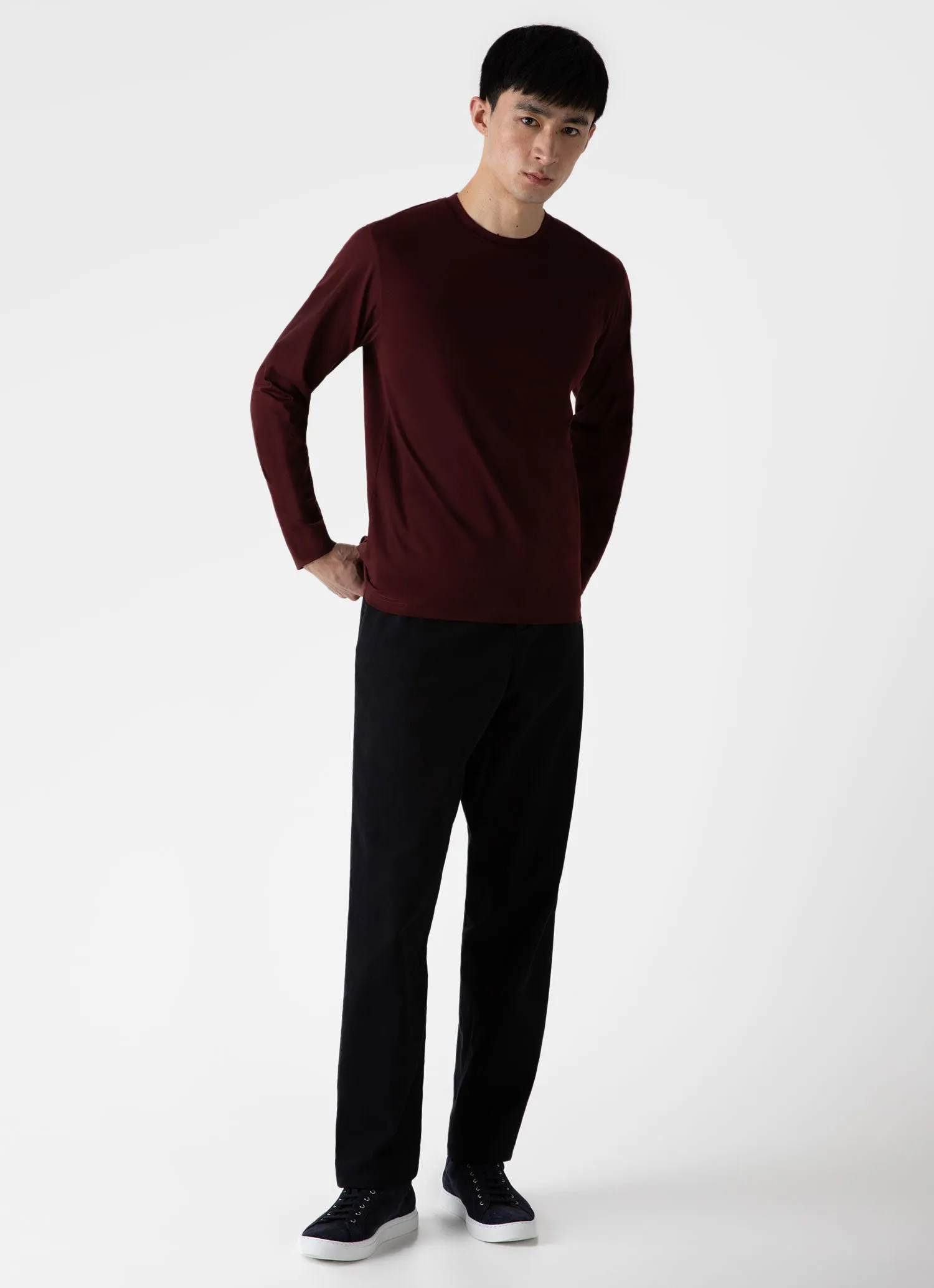 Men's Long Sleeve Riviera Midweight T-shirt in Maroon sold by Sunspel product image thumbnail 3
