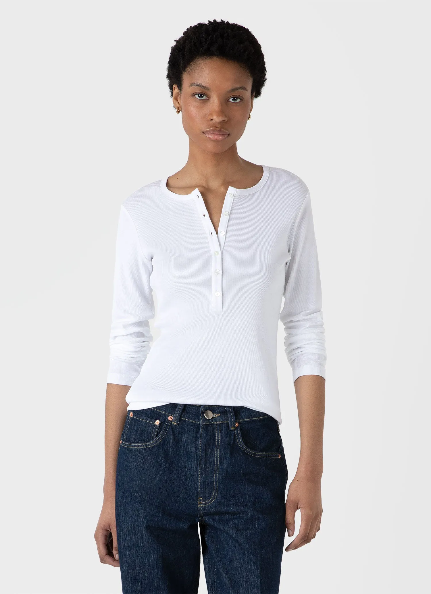 Women's Rib Henley in White sold by Sunspel